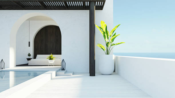 camera da letto vista mare e vita sulla spiaggia - stile isola di santorini / rendering 3d - santorini greece villa beach foto e immagini stock