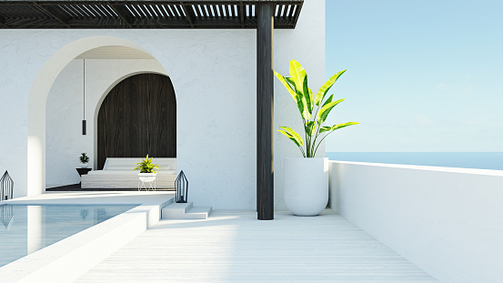 Bedroom sea view & Beach living - 

Santorini island style / 3D 

rendering