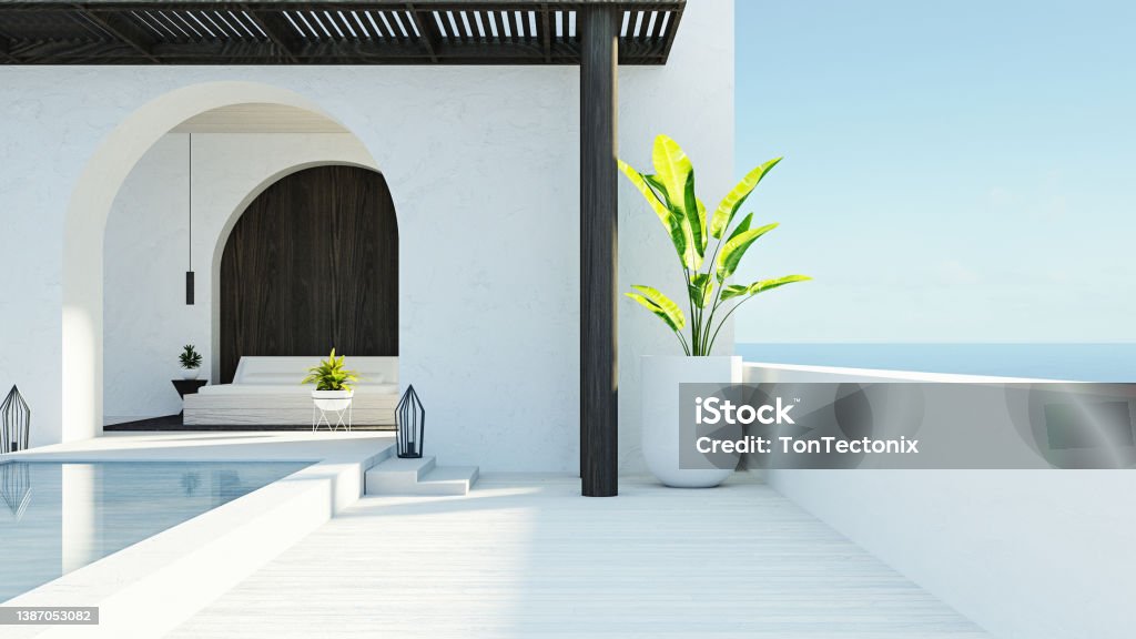 Bedroom sea view & Beach living - Santorini island style / 3D  rendering Bedroom sea view & Beach living - 

Santorini island style / 3D 

rendering Villa Stock Photo