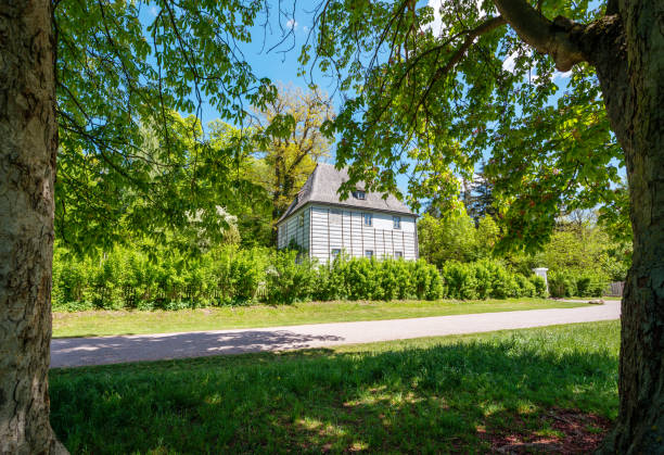 Weimar, Germany - May 13, 2019: Image of Goethe’s Garden House in the park by the river Ilm in Weimar during springtime. Goethe lived in this building until 1782, and also helped landscape the park. Goethe was one of the key figures of German literature.