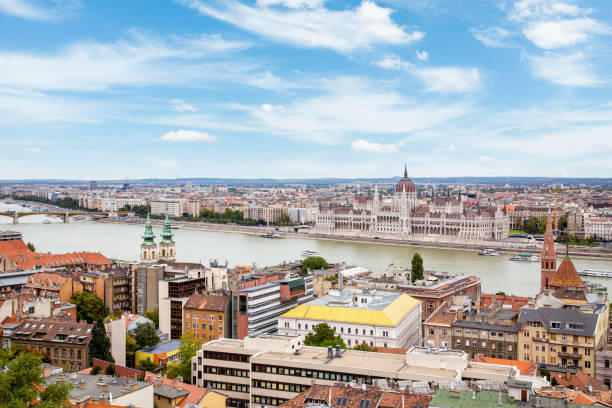 Aerial view of the Hungarian parliament building. View from the Buda castle.