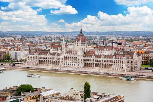 Aerial view of the Hungarian parliament building. View from the Buda castle.