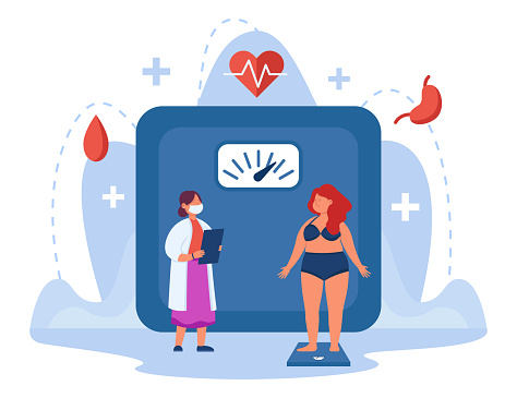 Obesity woman weighing on scale at hospital. Tiny sad girl having health problems or diabetes, consulting with doctor flat vector illustration. Negative impact on stomach. Overweight, disease concept