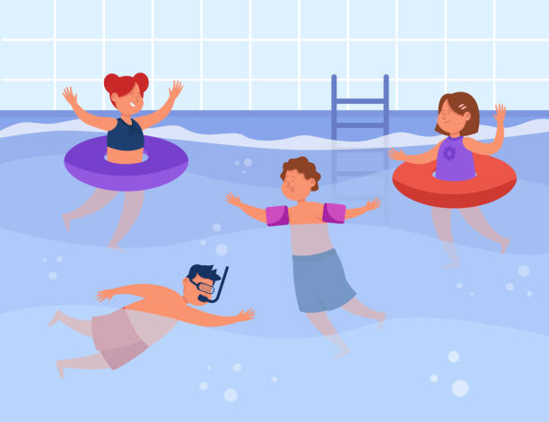 ilustraciones, imágenes clip art, dibujos animados e iconos de stock de niños nadando en piscina plana ilustración vectorial - early teens child swimming pool swimming