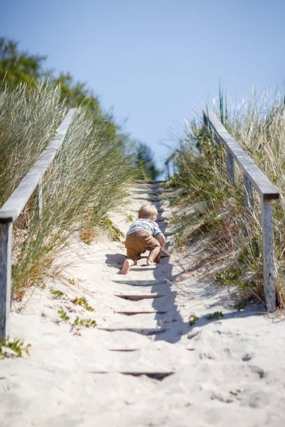 The little boy climbs to the top of the dune stock photo