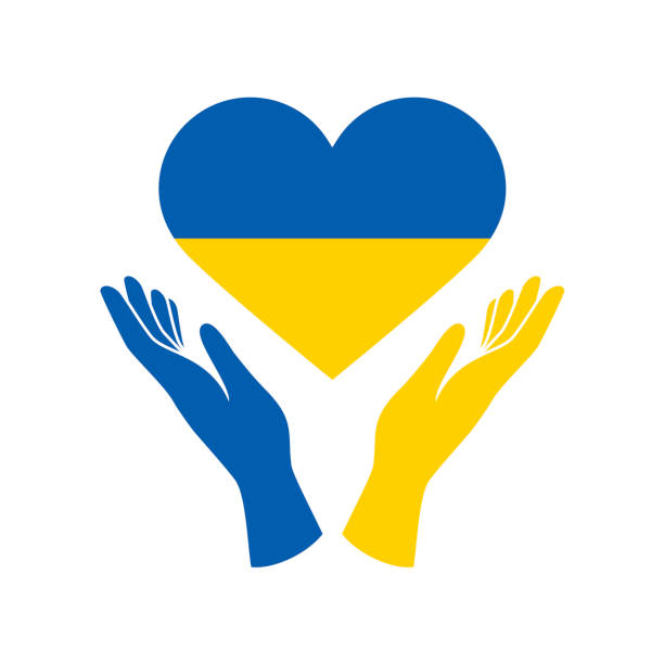 ilustraciones, imágenes clip art, dibujos animados e iconos de stock de bandera de ucrania en forma de corazón y manos orantes icono vector - ukraine war