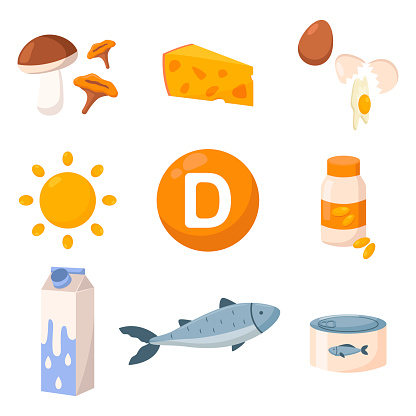 Healthy food enriched with vitamin D vector illustrations set. Sources of vitamin D, mushrooms, cheese, milk or yogurt, fish, canned tuna isolated on white background. Nutrition, health, diet concept