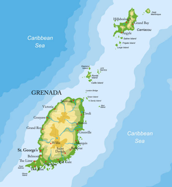 Grenada islands highly detailed physical map Highly detailed physical map of Grenada islands ,in vector format,with all the relief forms,regions and big cities. grenada caribbean map stock illustrations
