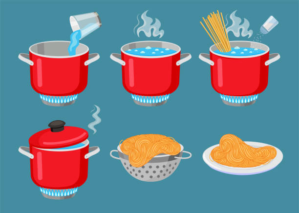 ilustrações de stock, clip art, desenhos animados e ícones de pasta cooking process vector illustrations set - boiling water
