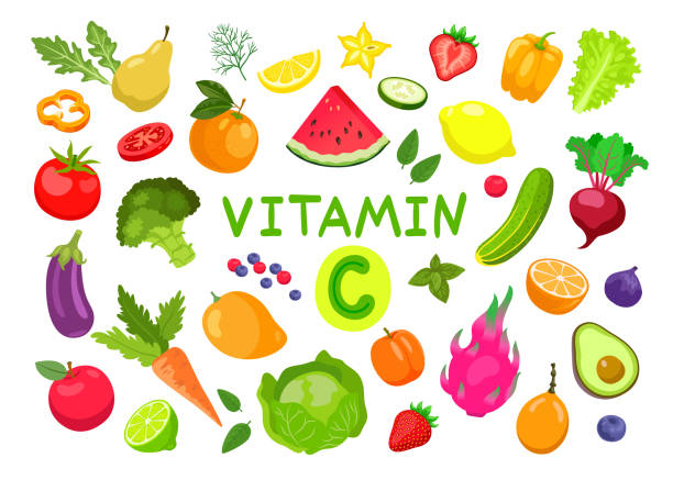 ilustraciones, imágenes clip art, dibujos animados e iconos de stock de conjunto de ilustraciones vectoriales de frutas y verduras con vitamina c - vegetable vitamin a tomato vitamin c