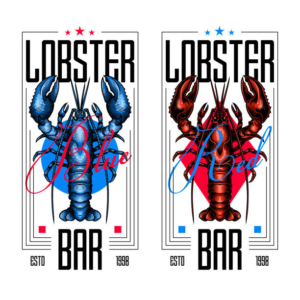 "Blue, Red Lobster Bar" - label design. Vector illustration of red and blue lobster in engraving technique. crayfish animal stock illustrations