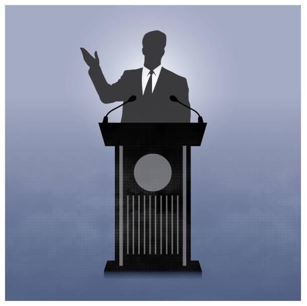 Businessman or president with microphone on stage Businessman or president with microphone on stage man at podium stock illustrations