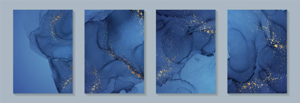 Watercolor background with abstract navy blue ink waves and golden splashes. Modern watercolor background or elegant card design for birthday invite or wedding or menu with abstract navy blue ink waves and golden splashes. thank-you-gold-greeting-card stock illustrations