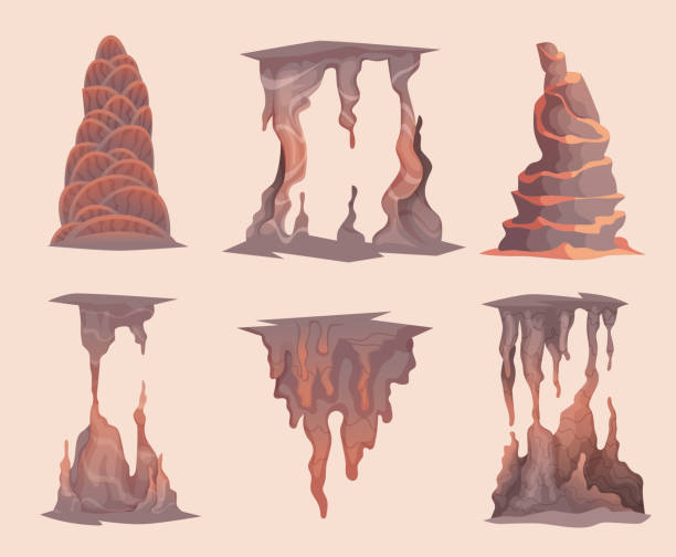 illustrazioni stock, clip art, cartoni animati e icone di tendenza di stalagmite. roccia grotta montagne pietre minerali indoor oggetti naturali esatto vettore gocciolante stalagmite in stile cartone animato - stalactite