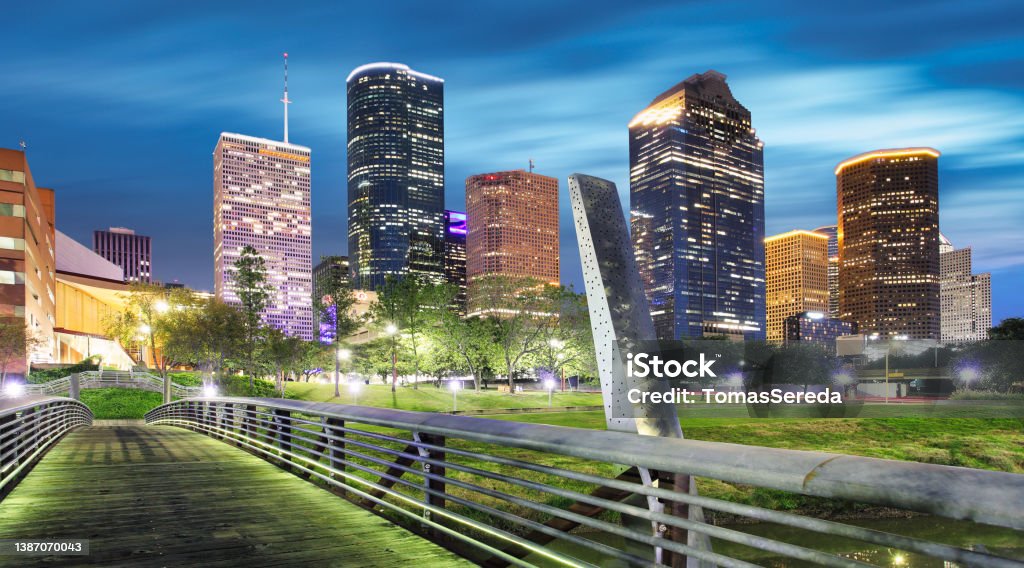 Downtown Houston skyline in Texas USA at twilight Houston - Texas Stock Photo