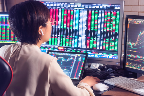 Woman Looking Stock Market Graph on Computer Monitor