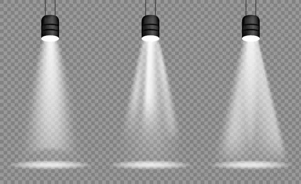 Vector illustration of Vector set of light. Light source, studio lighting, walls, png. Spotlight lighting, spotlight PNG. Light beams, light effect.