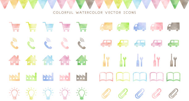 ilustraciones, imágenes clip art, dibujos animados e iconos de stock de colorido conjunto de iconos vectoriales de acuarela - car white background isolated on white orange