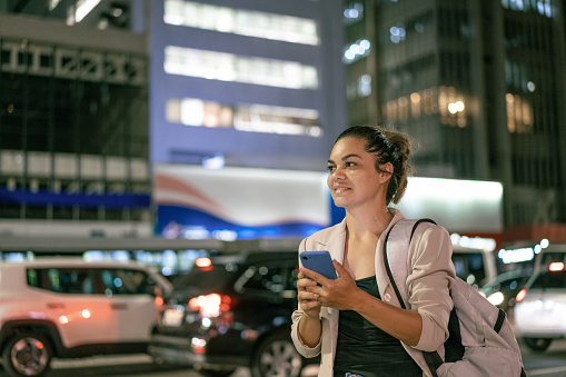 Woman, Waiting, Taxi, City, Night