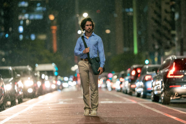 Man, Walking, Night, City, Rain