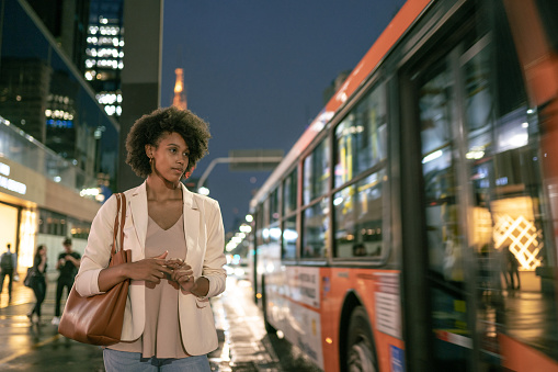 Woman, Waiting, Bus, City, Night