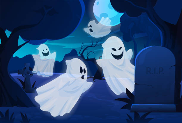 istock Flying ghosts at night graveyard vector smiling creepy illuminated white poltergeists at cemetery 1387074736