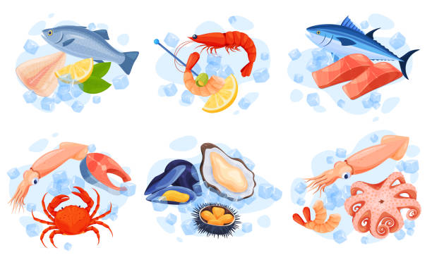 Collection delicious seafood products serving into ice cubes, lemon, herb mint vector flat Collection delicious seafood products serving into ice cubes, lemon, herb mint vector flat illustration. Set restaurant menu salmon, shrimp, tuna, crab, squid, sea urchin, oyster, mussel and octopus catch of fish stock illustrations