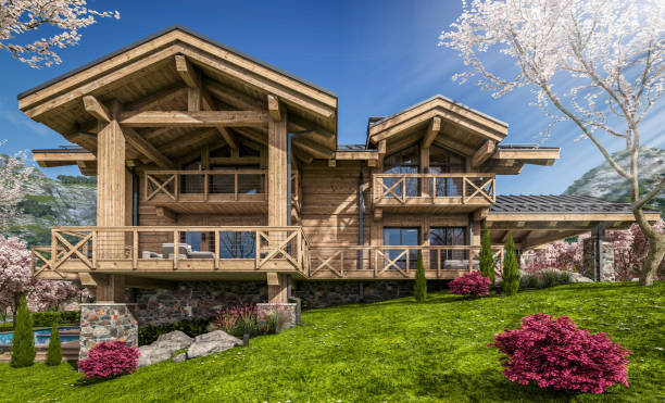 istock 3d rendering of modern cozy chalet in spring day 1387075018