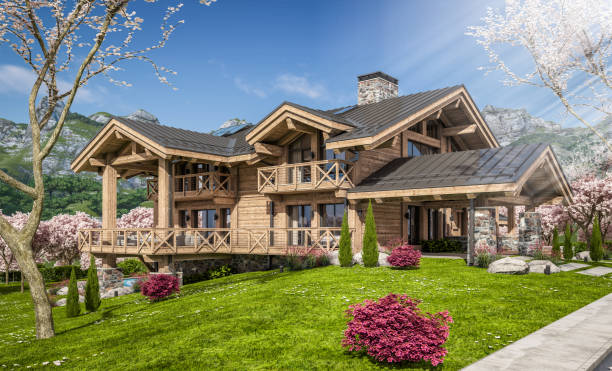 3d rendering of modern cozy chalet in spring day