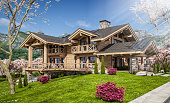 istock 3d rendering of modern cozy chalet in spring day 1387075055