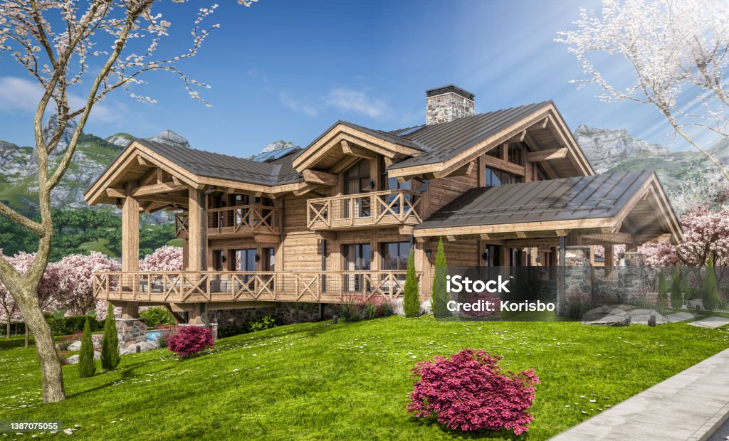 3d rendering of modern cozy chalet in spring day 3d rendering of modern cozy chalet with pool and parking for sale or rent. Beautiful forest mountains on background. Fresh spring day with a blooming trees with flowers of sakura on background. Mountain Stock Photo