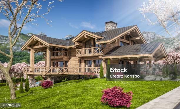 3d Rendering Of Modern Cozy Chalet In Spring Day Stock Photo - Download Image Now - Mountain, House, Residential Building