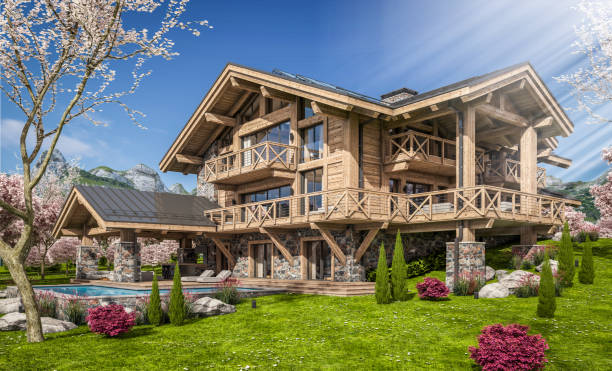 istock 3d rendering of modern cozy chalet in spring day 1387075057
