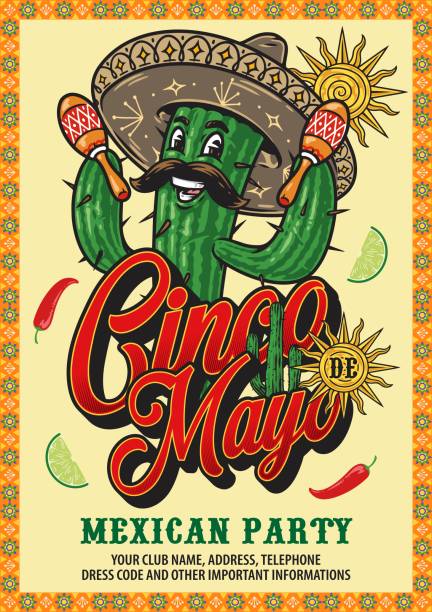 ilustraciones, imágenes clip art, dibujos animados e iconos de stock de cinco de mayo party banner with cactus - mexican culture cinco de mayo backgrounds sombrero