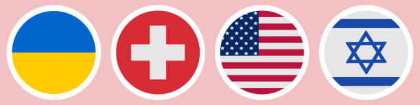 Flags of different countries. A set of stickers on a white backing. Collection of vector icons. Isolated background. Ukraine, Switzerland, USA, Israel. National symbol of the state. Political themes. Flat style. Flags of different countries. A set of stickers on a white backing. Collection of vector icons. Isolated background. Ukraine, Switzerland, USA, Israel. National symbol of the state. Political themes. Flat style. Idea for web design, sticker. strategic themes stock illustrations