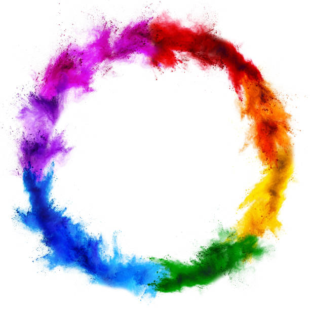 colorful rainbow holi paint color powder explosion ring circle with copy space isolated white background. peace rgb beautiful party concept stock photo