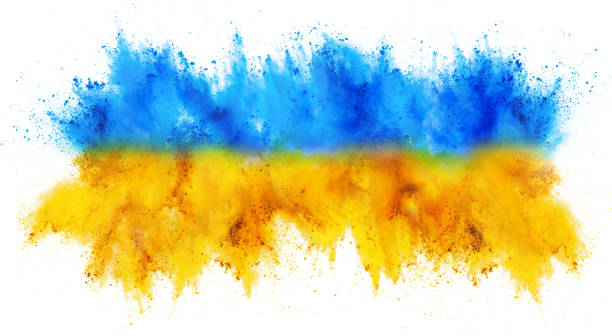 colorful ukrainan flag yellow blue color holi paint powder explosion isolated white background. russia ukraine conflict war freedom concept stock photo