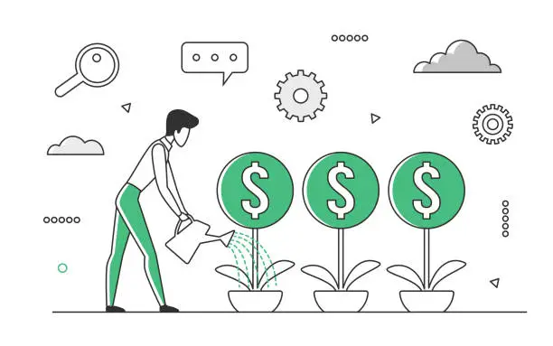 Vector illustration of Businessman watering startup ideas for growing