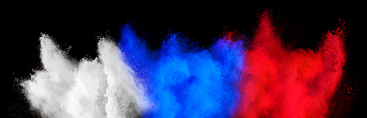 colorful russian flag white blue red color holi paint powder explosion isolated on black background. russia ukraine conflict war freedom concept