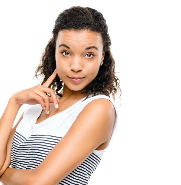 shot of a happy young woman posing against a studio background - smug imagens e fotografias de stock