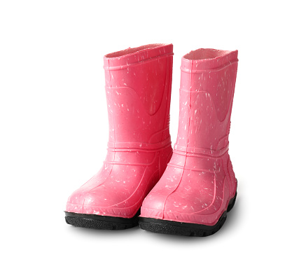 Rubber boots on a white background. Children's shoes. Shoes for the girl isolated. Boots in the rain. The concept of attitude to autumn, walks with children, children's wardrobe. The growth of a child's leg.
