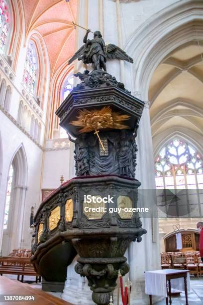 Quimper Chair And Nave Of Saint Corentin Cathedral Finistère Brittany Stock Photo - Download Image Now