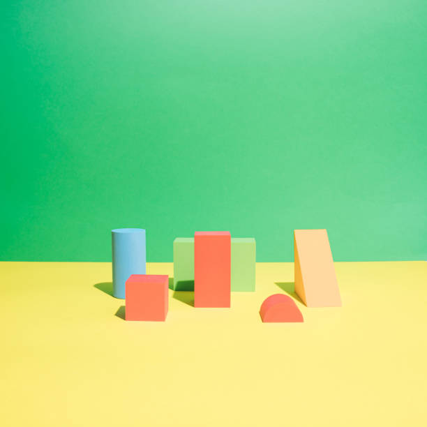 istock Set of colorful geometrical objects  on yellow and green background. Abstract pattern design composition by shape and form. Education, business solution, creative design product concept. 1387085284