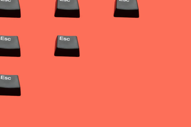 Creative seamless pattern of Esc buttons (escape keyboard key) on red background. Isometric view. Escape from dept, love, bad situation, relationship etc. Flat lay.
