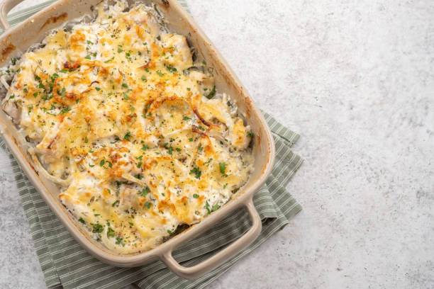White fish casserole, cauliflower and potato