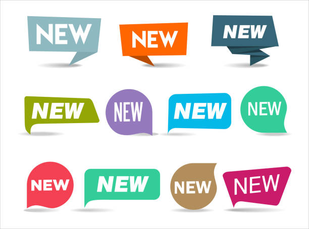 ilustraciones, imágenes clip art, dibujos animados e iconos de stock de colección de colorido moderno nueva etiqueta de marca de nota - new symbol interface icons contemporary