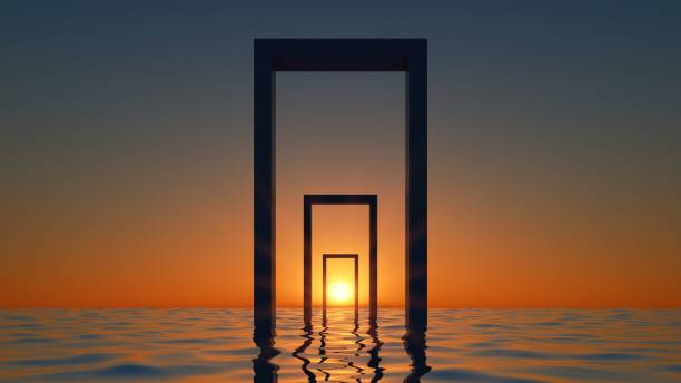istock 3d rendering, abstract sunset background with geometrical arches in the water. Minimal seascape scene 1387091112