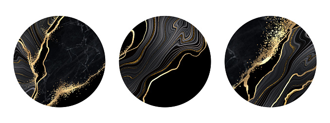 conjunto de pegatinas redondas abstractas con textura de mármol negro. Decoración marmoleada con vetas doradas y purpurina. Colección de imágenes prediseñadas aislada sobre fondo blanco photo
