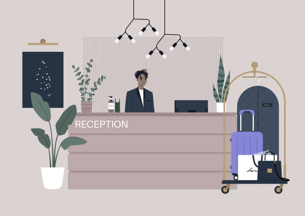 A hotel receptionist desk decorated with paintings, light, and plants, a baggage cart sitting nearby A hotel receptionist desk decorated with paintings, light, and plants, a baggage cart sitting nearby receptionist stock illustrations
