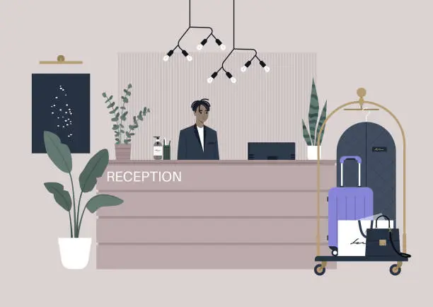 Vector illustration of A hotel receptionist desk decorated with paintings, light, and plants, a baggage cart sitting nearby